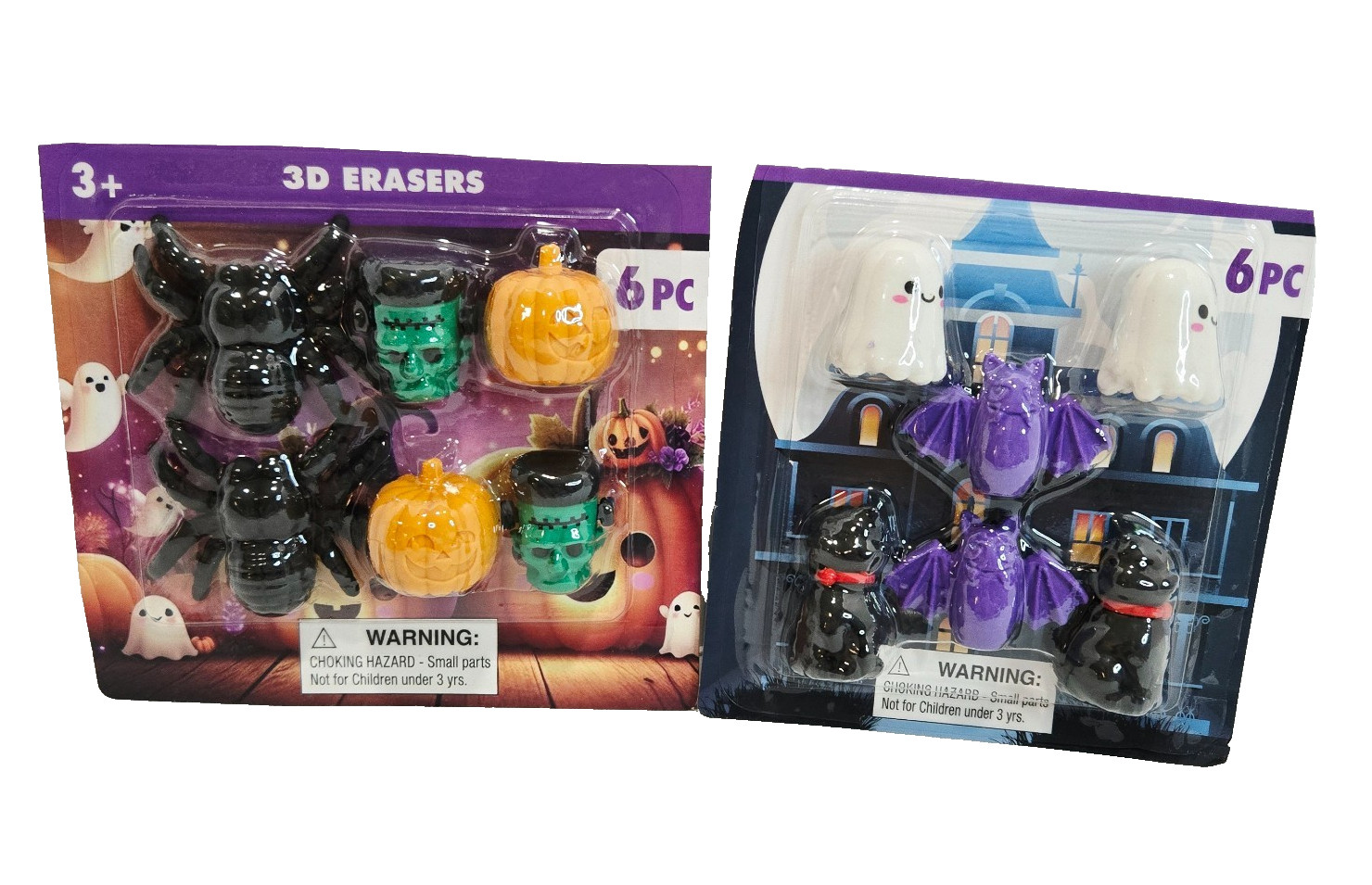 New 2 Packs Halloween 3D Erasers Lot of 12 Frankenstein Ghost Bat Black Cat