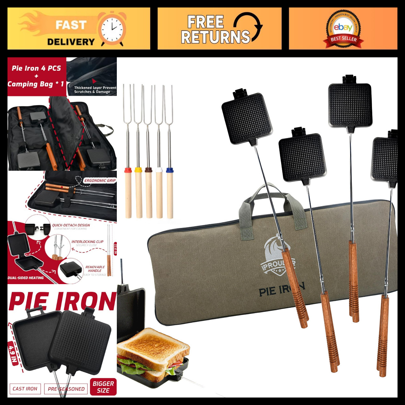 Large Cast Iron Campfire Pie Iron Sandwich Maker Set, 4 Pcs with Storage Bag & S Large Cast Iron Campfire Pie Iron Sandwich Maker Set, 4 Pcs with Storage Bag & S