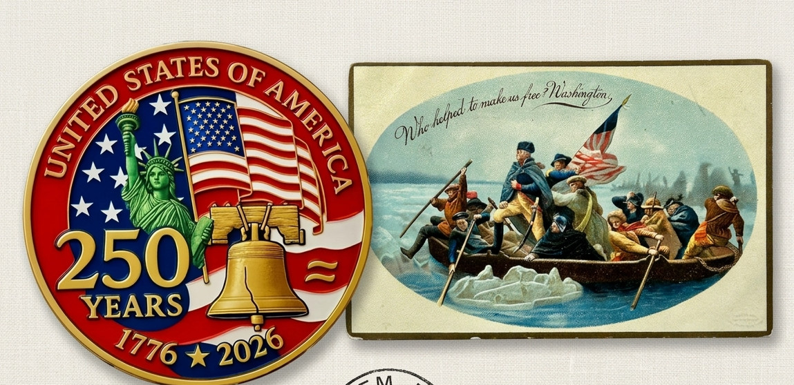 USA Heritage Set: Authentic 1909 Washington Crossing Postcard & 250th Anniversar USA Heritage Set: Authentic 1909 Washington Crossing Postcard & 250th Anniversar