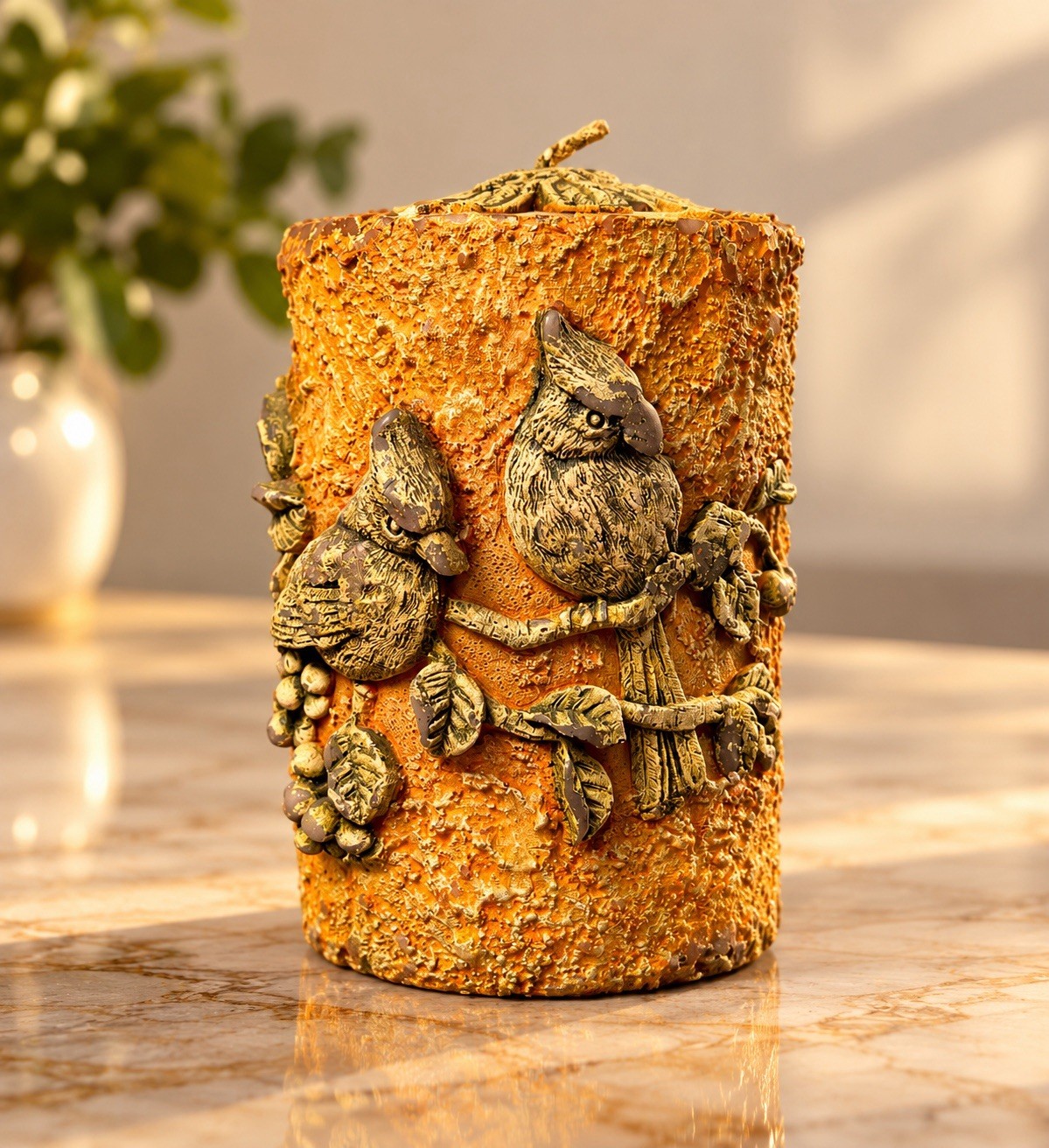 NWOT Vintage 1970s Sculpted Pillar Candle Cardinals Grapes Orange Wax, 4.5x7\