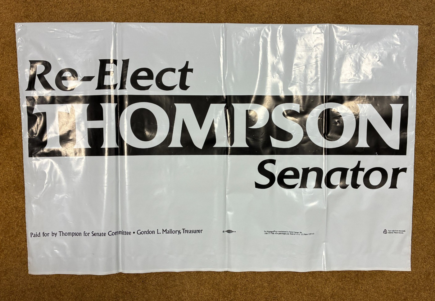 Vintage Re-Elect THOMPSON for U.S. Senate Political Campaign Yard Sign 32