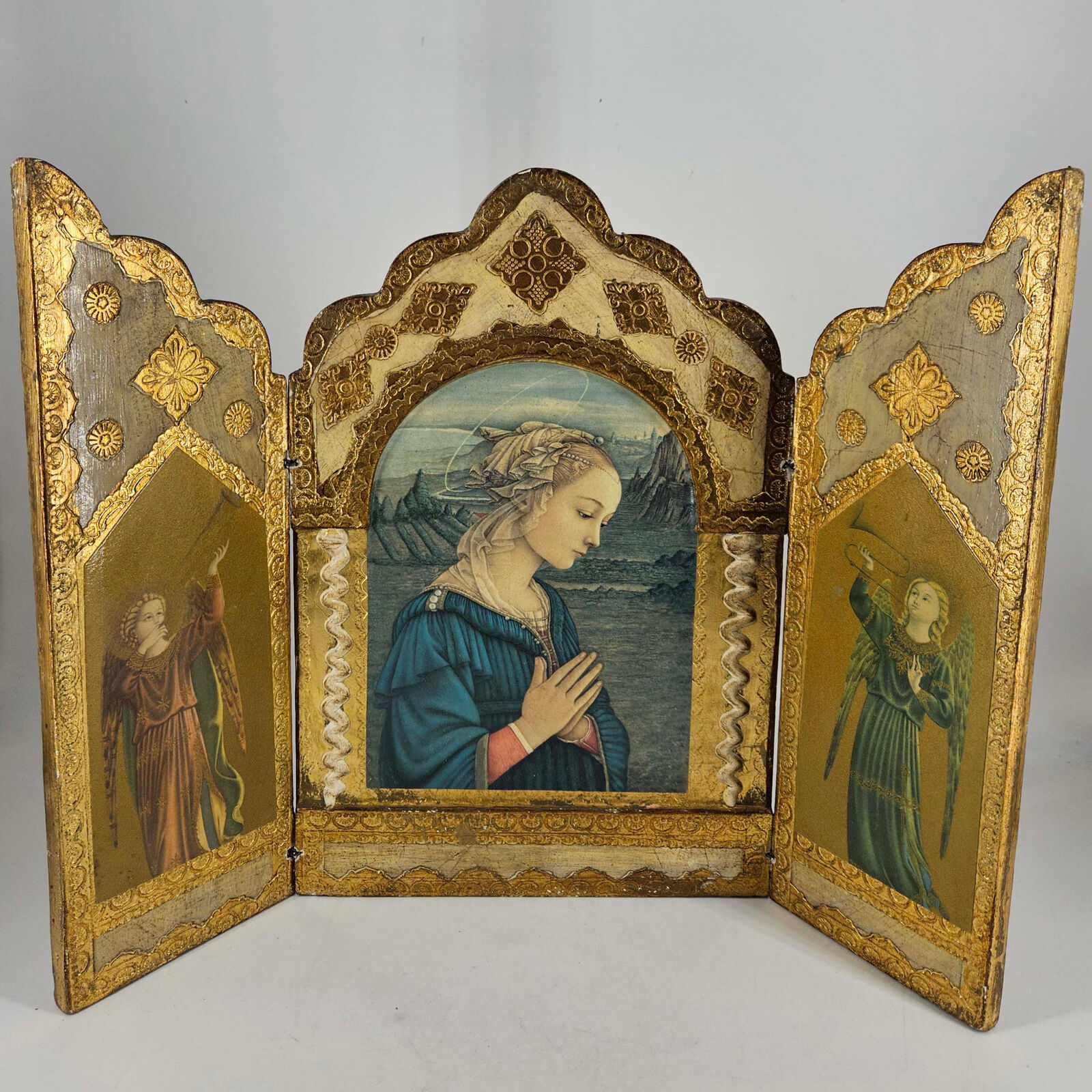 Vintage Italian Florentine Wood Tole Gilt Ornate Triptyc Mary Praying Angels