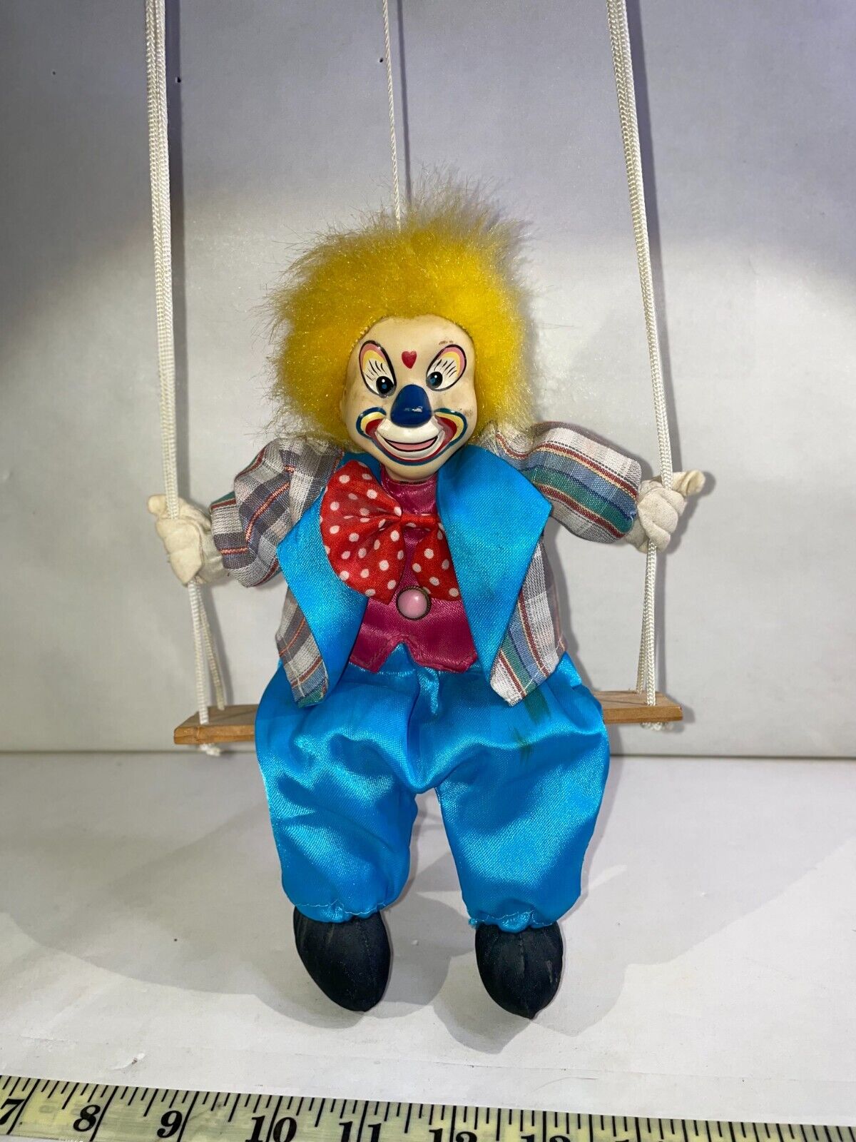 Clown Doll on Swing Marionette Vintage Porcelain Face Room Decor Decoration 