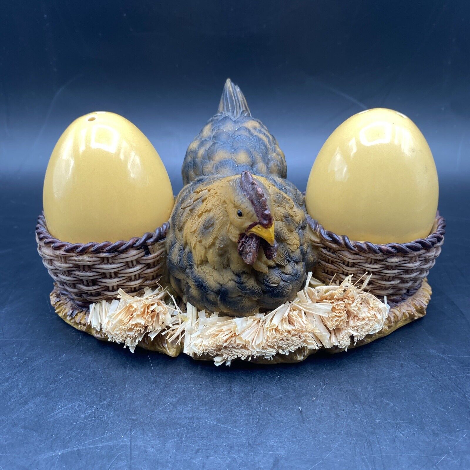 Nesting Resin Hen Chicken Holder with Ceramic Egg Shaped Salt & Pepper Shakers