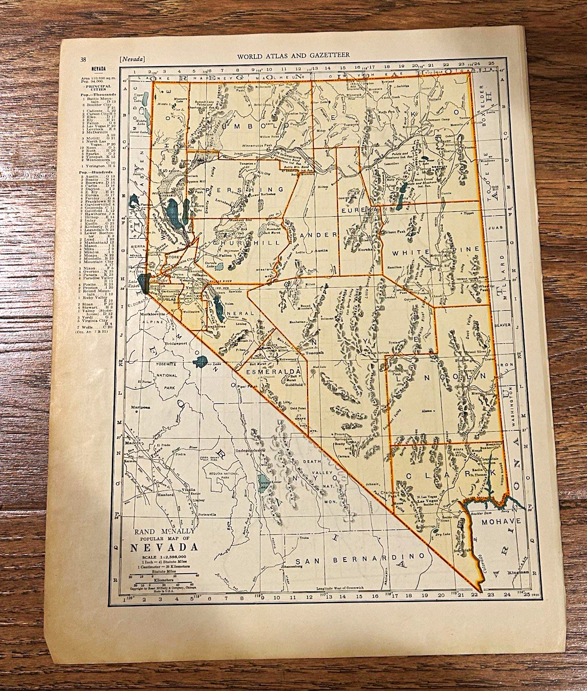 Rand McNally Nevada Popular Map Paper Map, 1937 Scale 1:2,598,000 (USA)