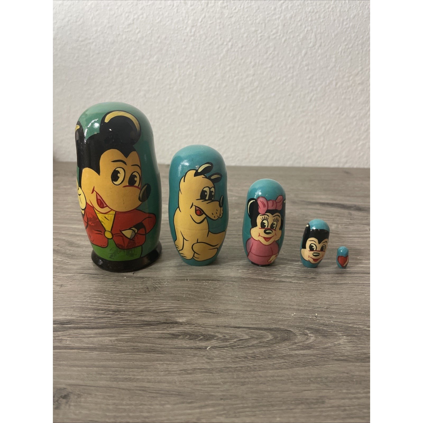 Vintage Disney Mickey Mouse Hand-Painted Nesting Wooden Russian Dolls Set of 5