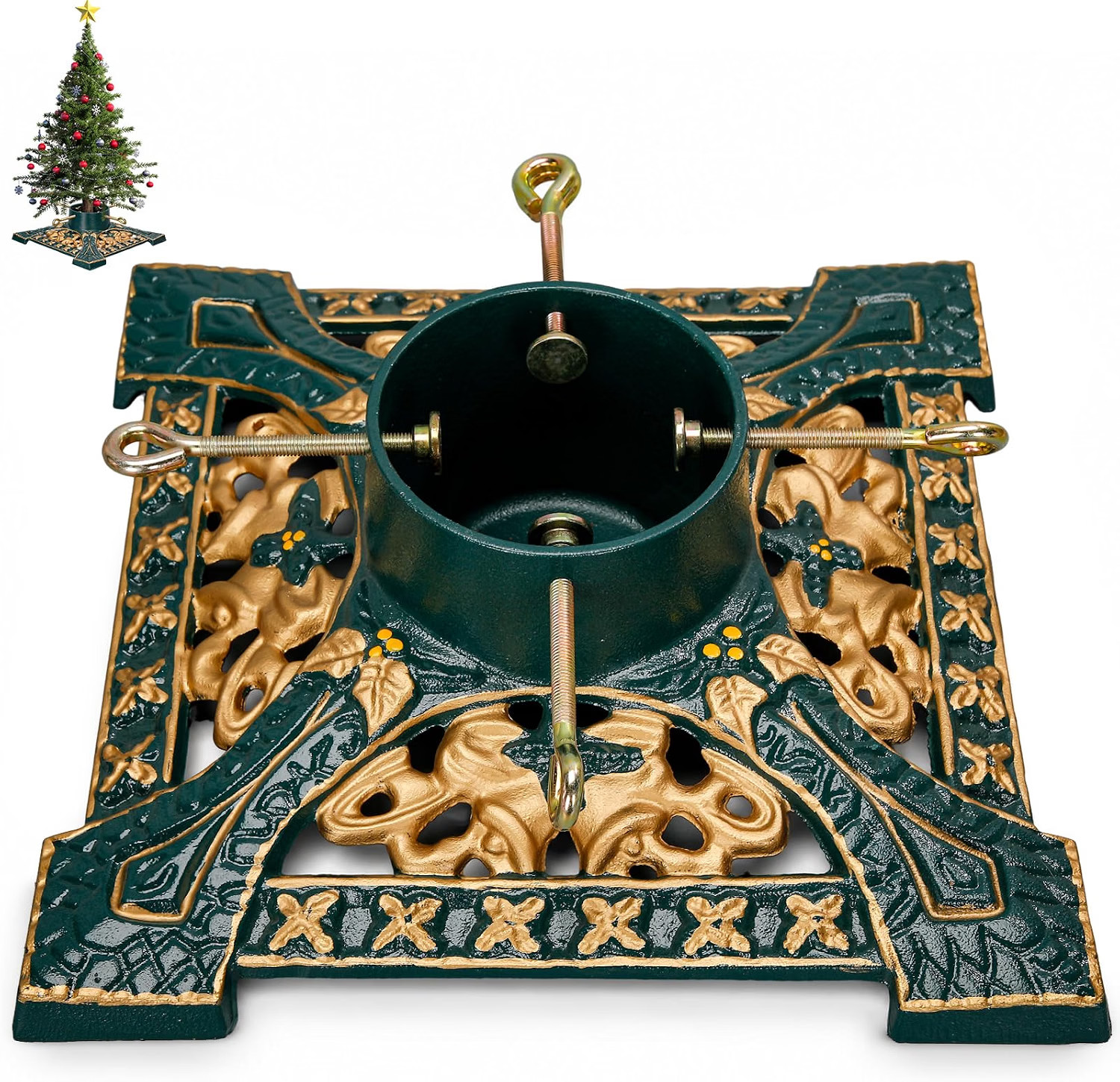 Cinnvoice Cast Iron Christmas Tree Stand Green Gold Bells Real Tree 8 Ft 120 lb