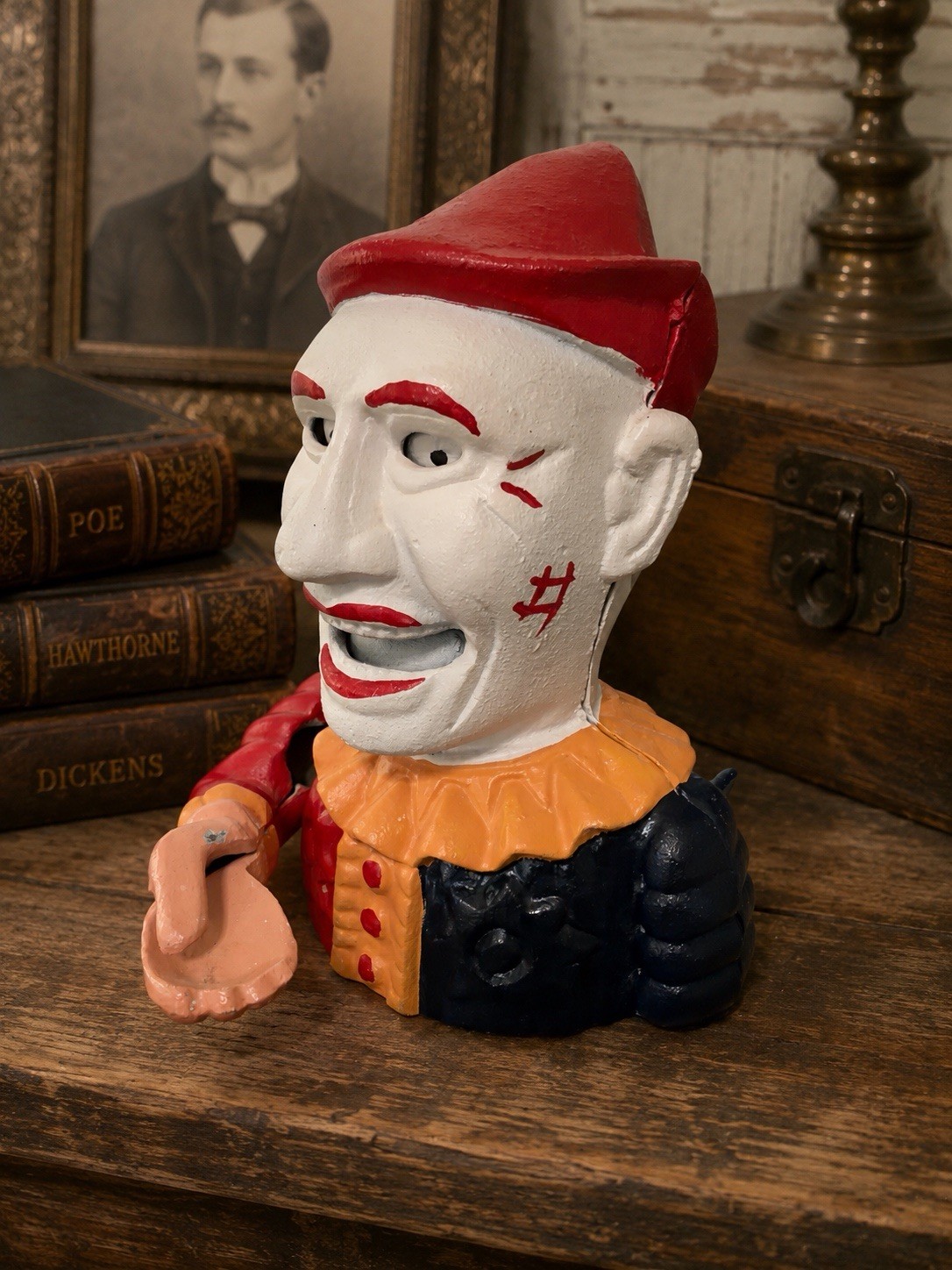 Cast iron vintage Jester Clown Character Piggy Bank Still Bank Red Hat 