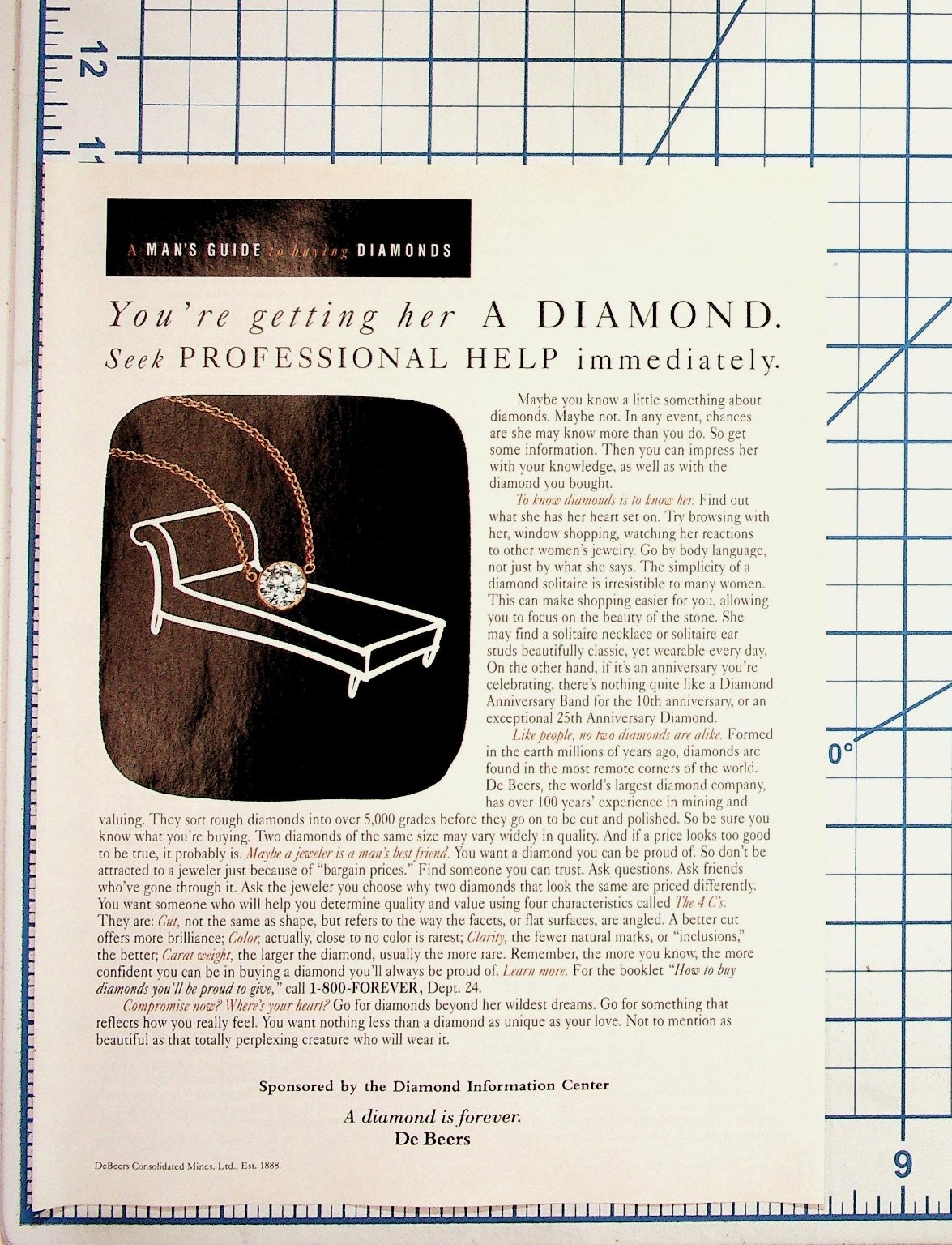 De Beers Diamonds A Man\'s Guide Vintage Print Ad 1980s 1990s Jewelry Ephemera