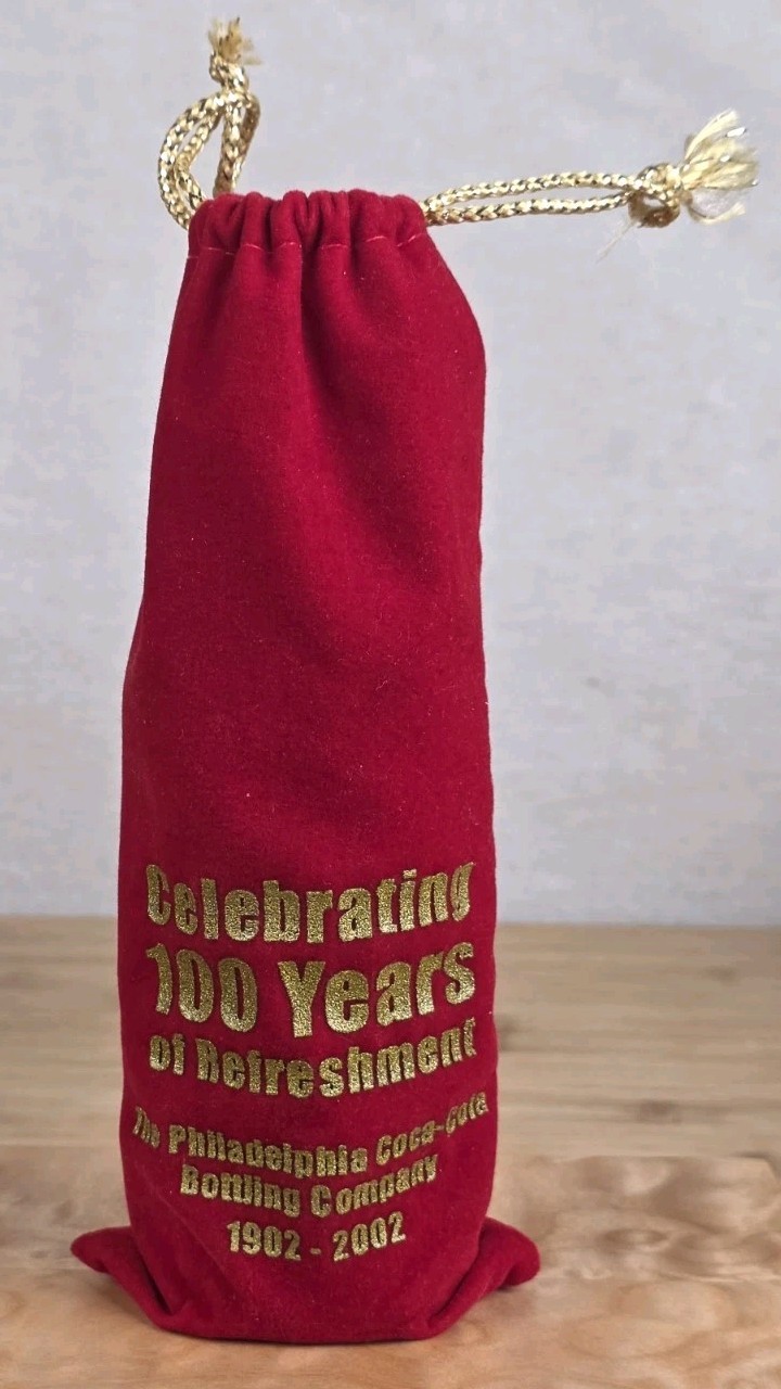 🥤 2002 Philadelphia Coca-Cola 100th Anniversary Bottle Velvet Bag Sealed 8oz