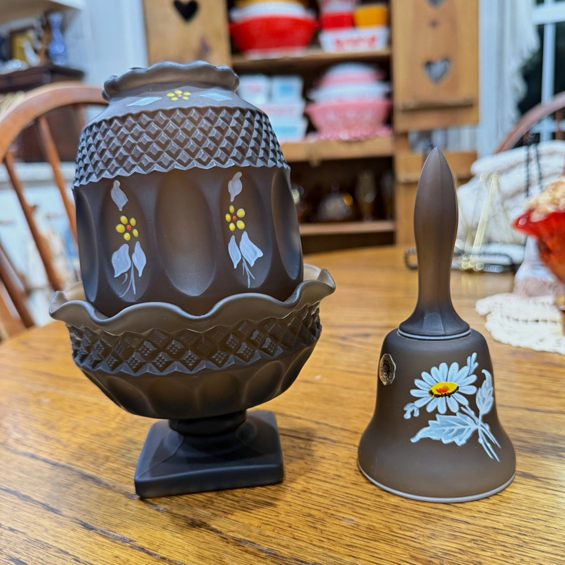 Westmoreland Brown Satin Hand painted Fairy Lamp with Matching Bell
