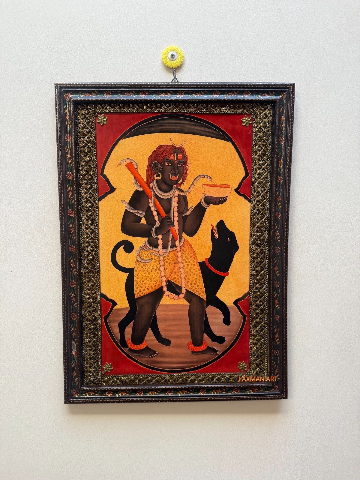 Vintage Kaal Bhairav Picture Wooden Wall Hanging Hand Painted Frame - 16 x 22 