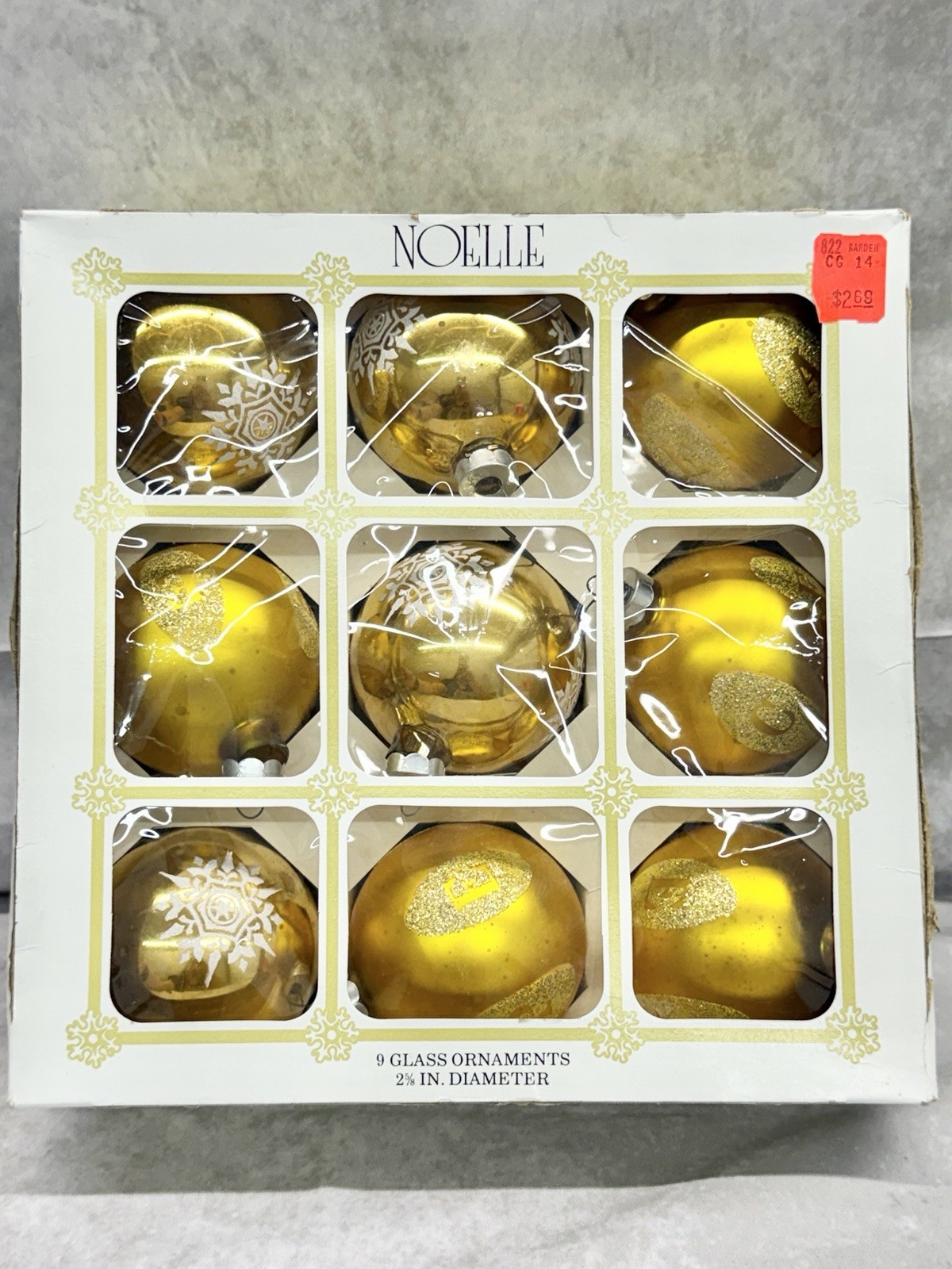 Noelle 9 Glass Christmas Ornaments Gold Snowflake Glitter Balls 2 5/8 in Vintage