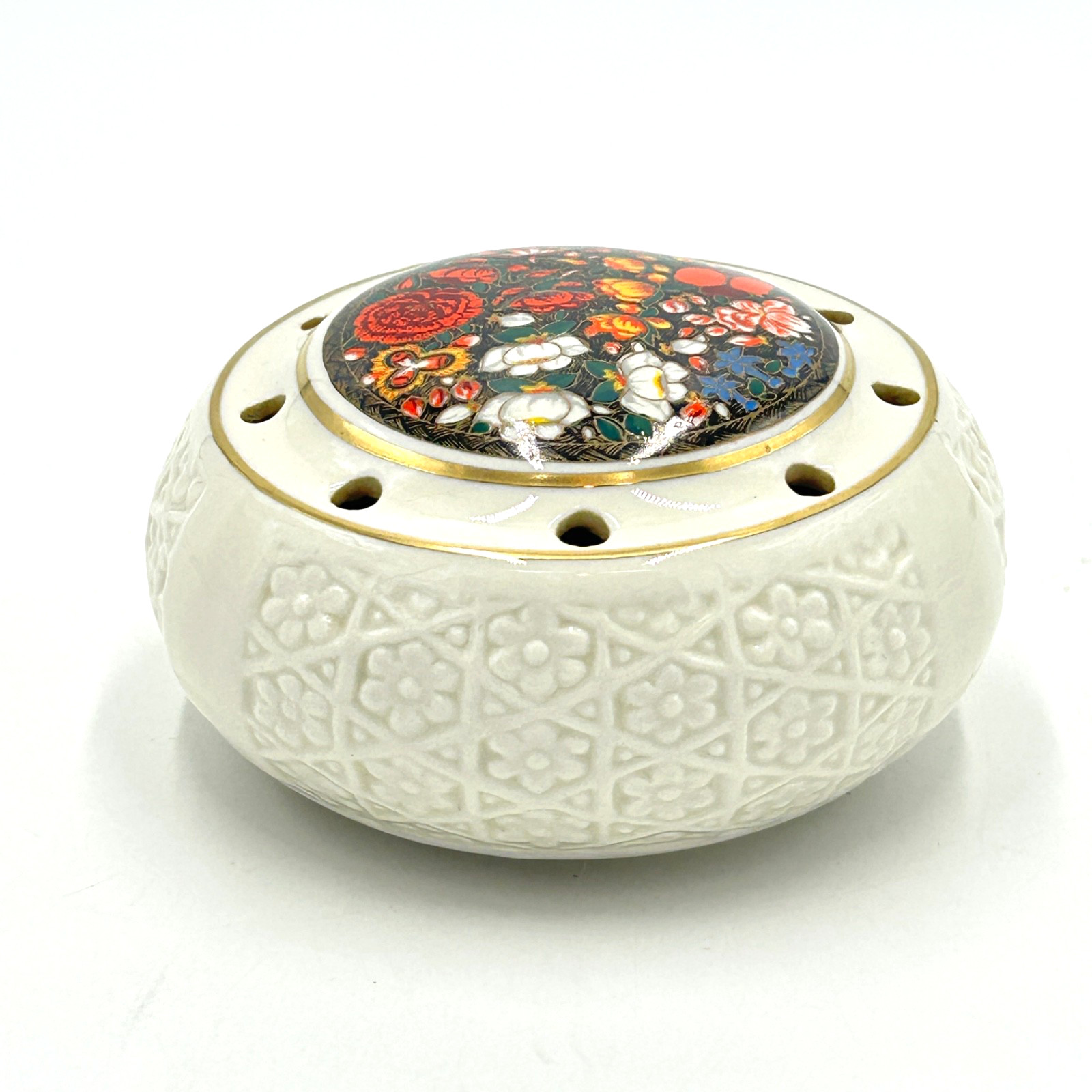 Vintage Porcelain Potpourri Holder w/Floral Pattern & Gold Trim