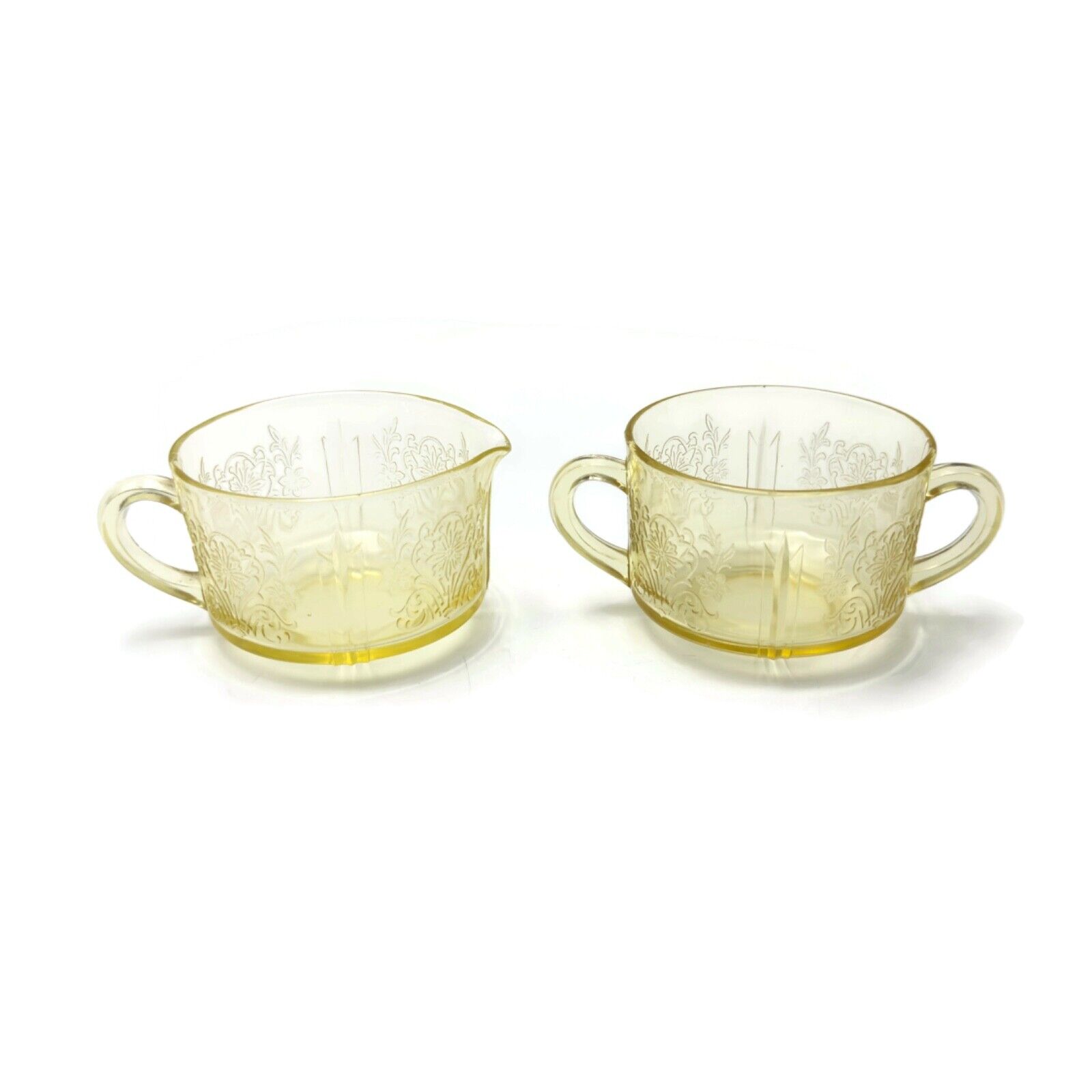 Vintage Yellow Depression Glass Floral Pattern Cream And Sugar Bowl Set