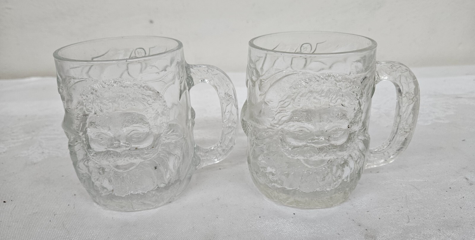 Vintage Pair LUMINARC USA Santa Class Embossed Glass Cups Mugs GREAT Condition