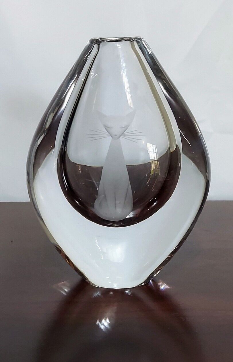 Orrefors Signed & Numbered Glass Cat Vase by Sven Palmqvist Vintage 1960’s