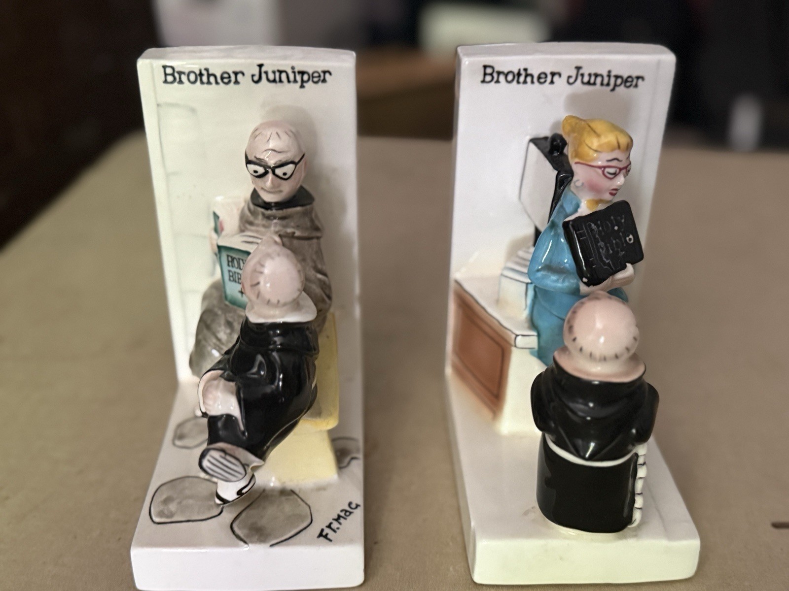 VTG Japan PAIR 1958 Brother Juniper Ceramic Bookends Comic Catholic Religious