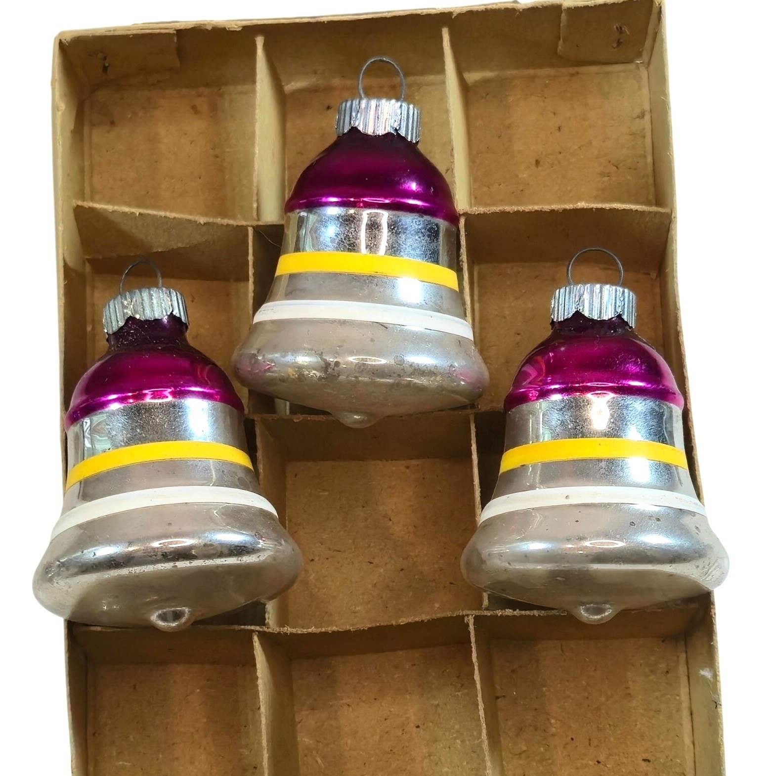 Vintage Shiny Brites Bell Ornaments lot of 3 Mercury Glass pink yellow silver 