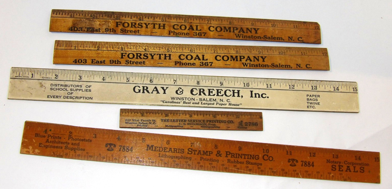 5 VINTAGE 1920s-30s WINSTON-SALEM, NC ADVERTISING RULERS COAL/PRINTERS/CALENDAR