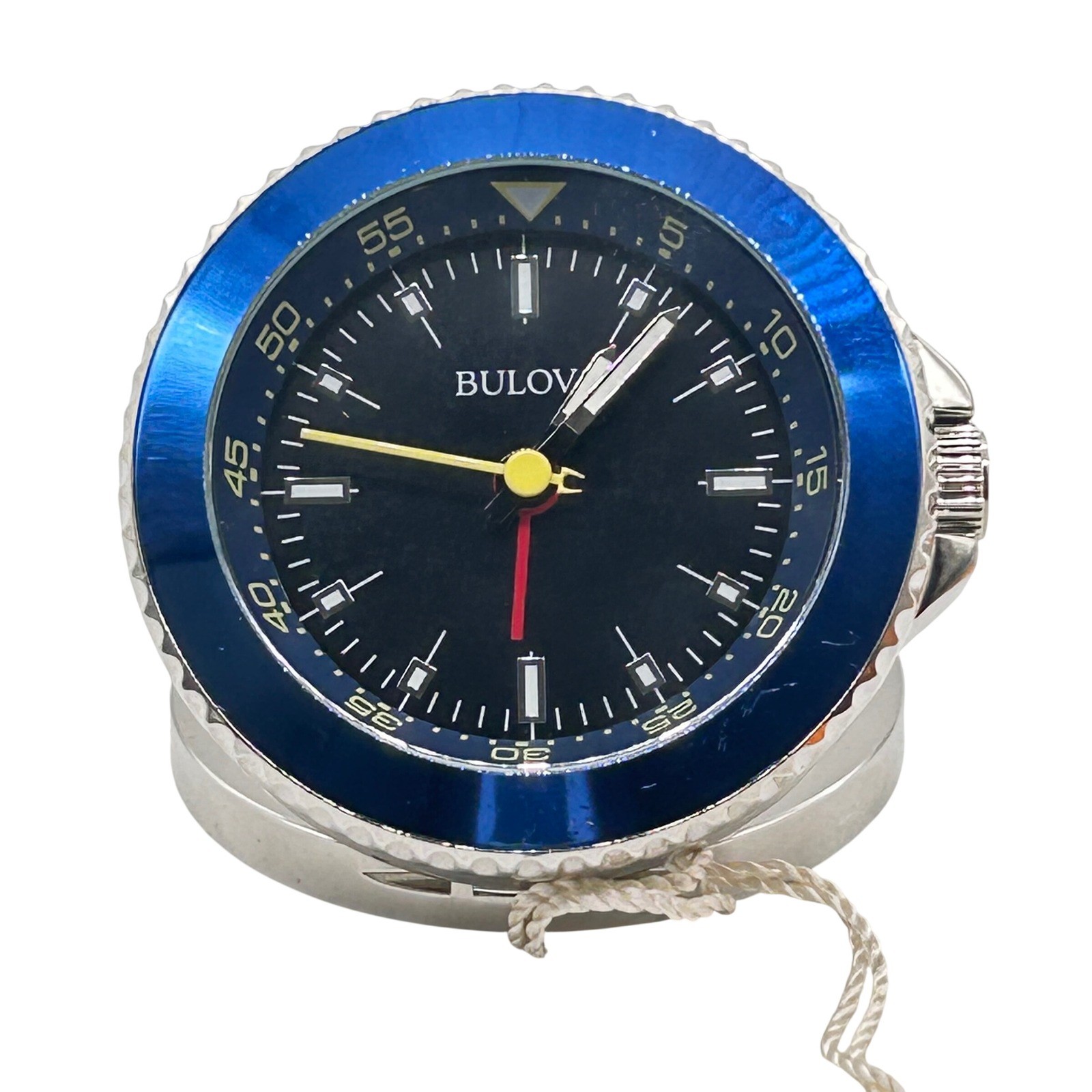 NEW Bulova Stainless Steel Travel Table Alarm Clock Blue Bezel Desk RUNNING