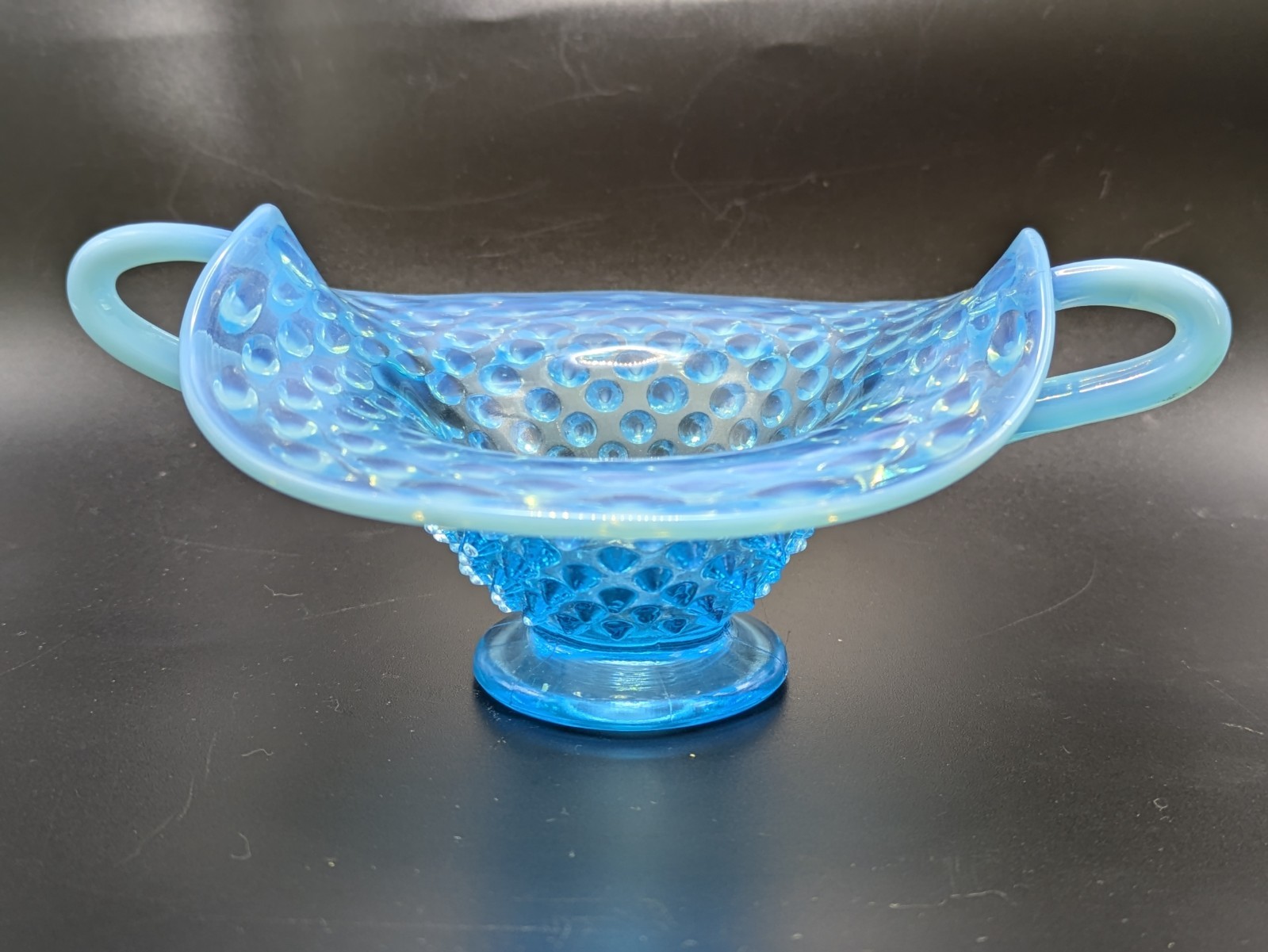 Vintage Fenton Blue Opalescent Hobnail Two Handled Bon Bon Dish Trinket Bowl MCM