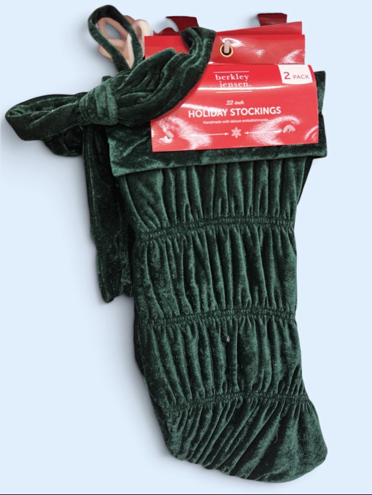 2-Pack 22 Inches Emerald Green Velvet Christmas Stockings Handmade Deluxe
