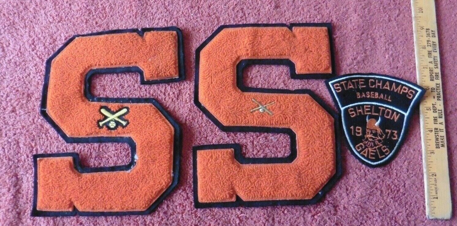 Vintage Shelton CT State Champs baseball 1973 Gaels S Varsity Letter Patch & pin