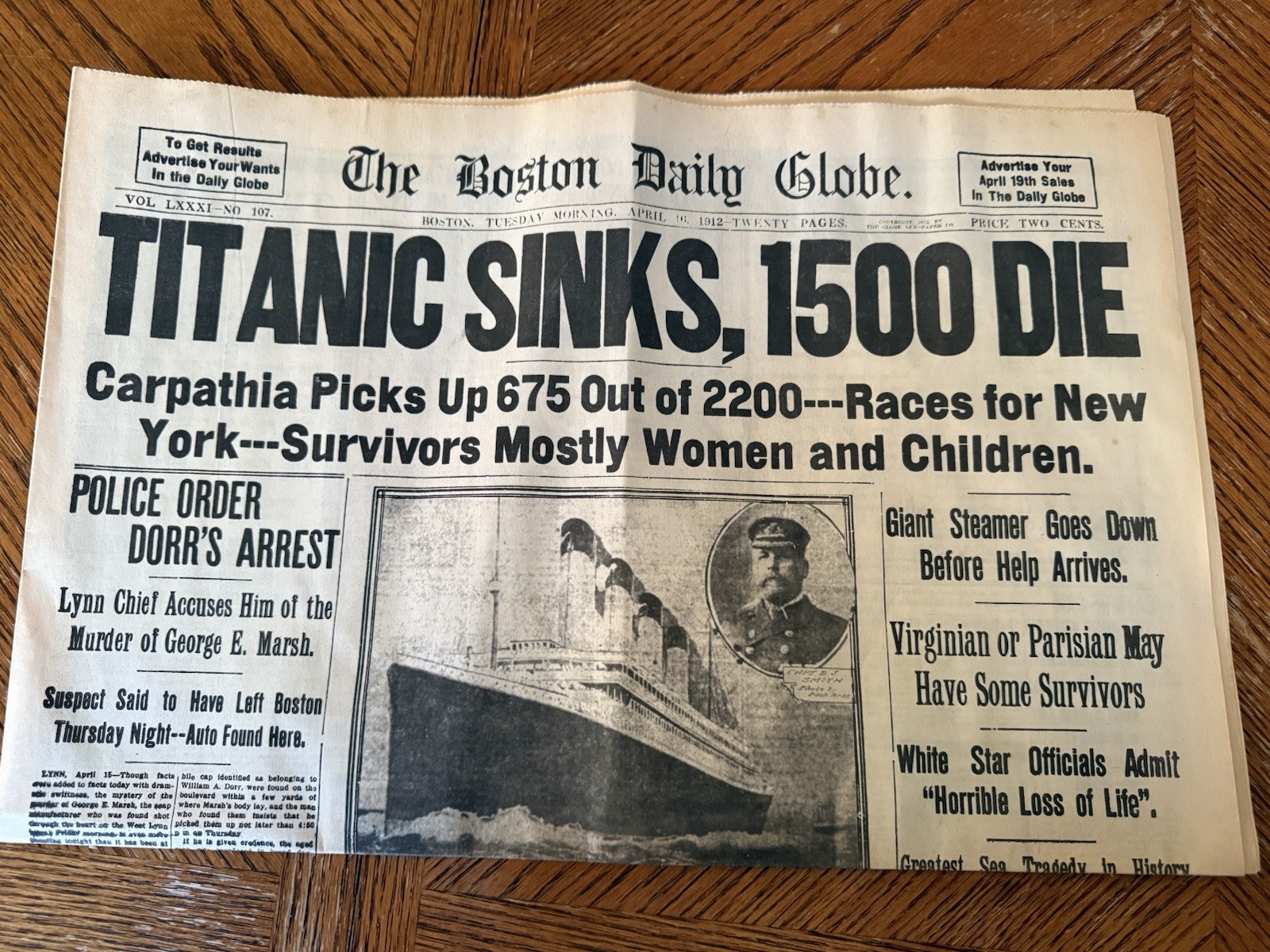 Boston Daily Globe Titanic Sinks REPRINT Morning & Evening April 16 1912 REPRO