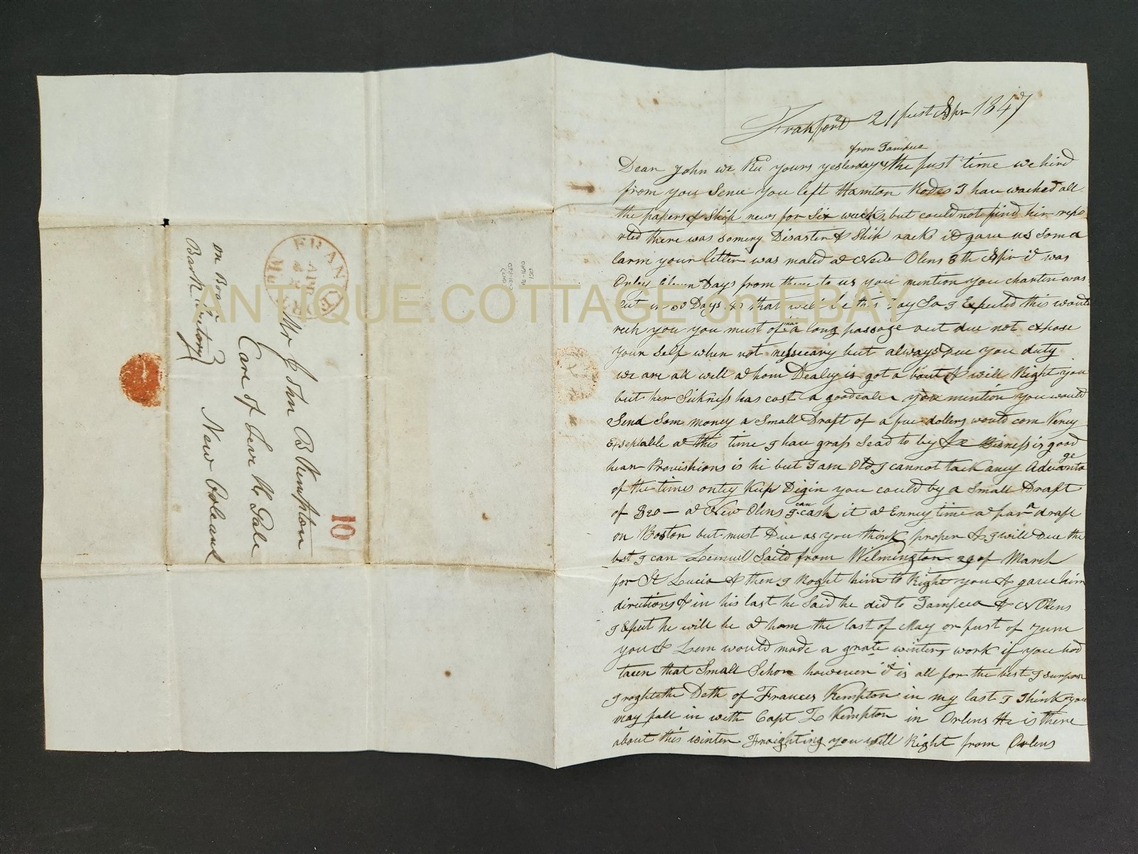 1847 antique STAMPLESS 10 COVER LETTER frankfort me JOHN B KEMPTON mariner ship