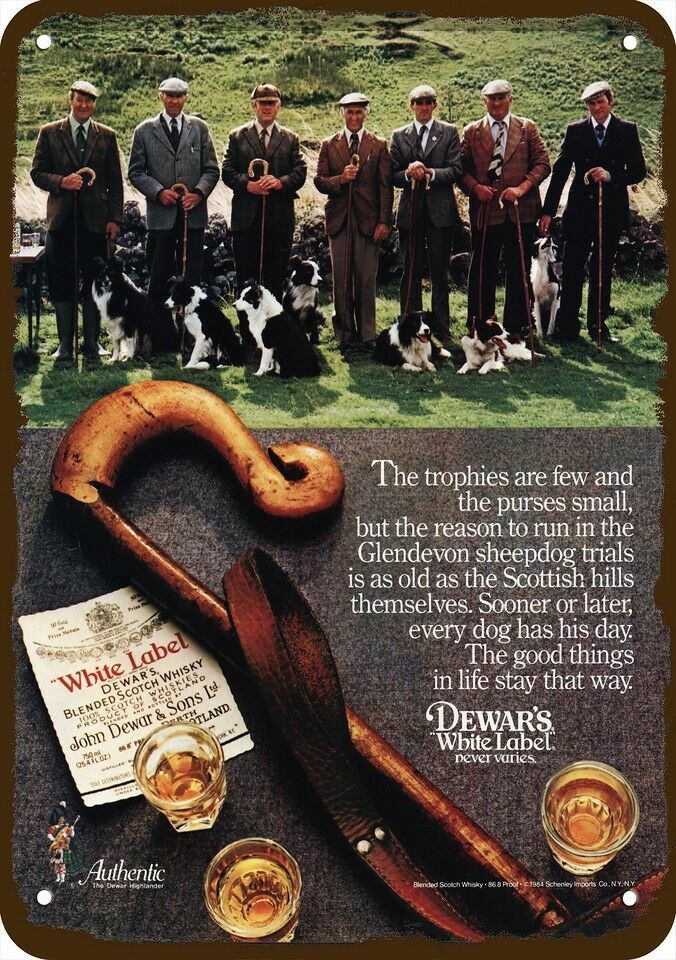 1984 DEWAR\'S & GLENDEVON Sheepdog Trials Vntg-Look DECORATIVE REPLICA METAL SIGN 1984 DEWAR\'S & GLENDEVON Sheepdog Trials Vntg-Look DECORATIVE REPLICA METAL SIGN