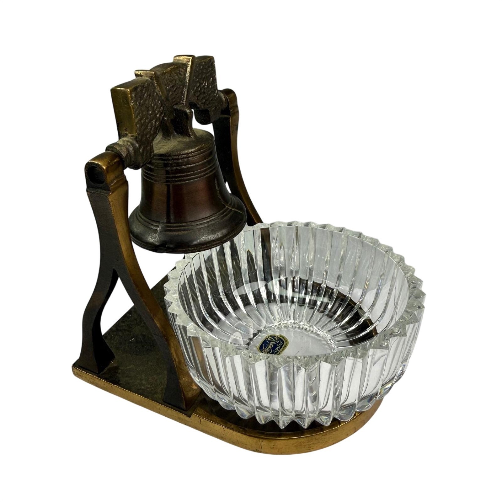 Vintage Liberty Bell Bohemia Crystal Ashtray Brass Patriotic Desk accessory