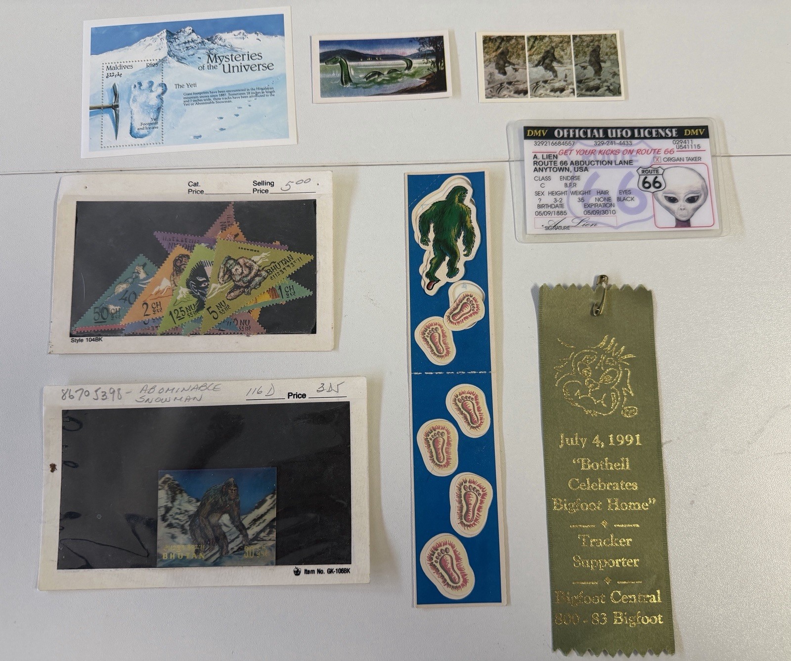  Vintage Bigfoot UFO Loch Ness Bhutan Stamps Etc paranormal Lot Cliff Crook