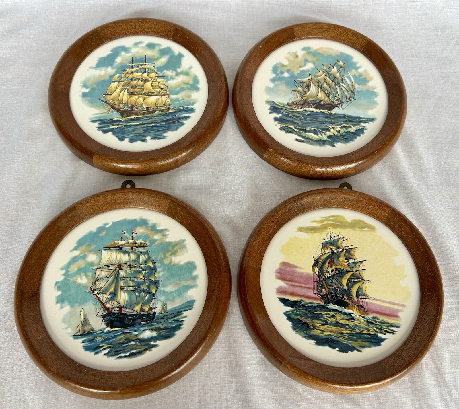 4 Vintage H&R Johnson Sailing Ship Tiles Spindle Hand Turned Wood Framed Plaques