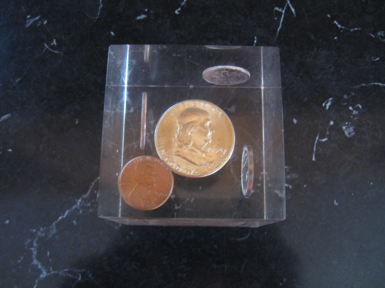 Vintage 1954 Uncirculated Coin Set Acrylic Cube Paperweight Lucite Mid Century s