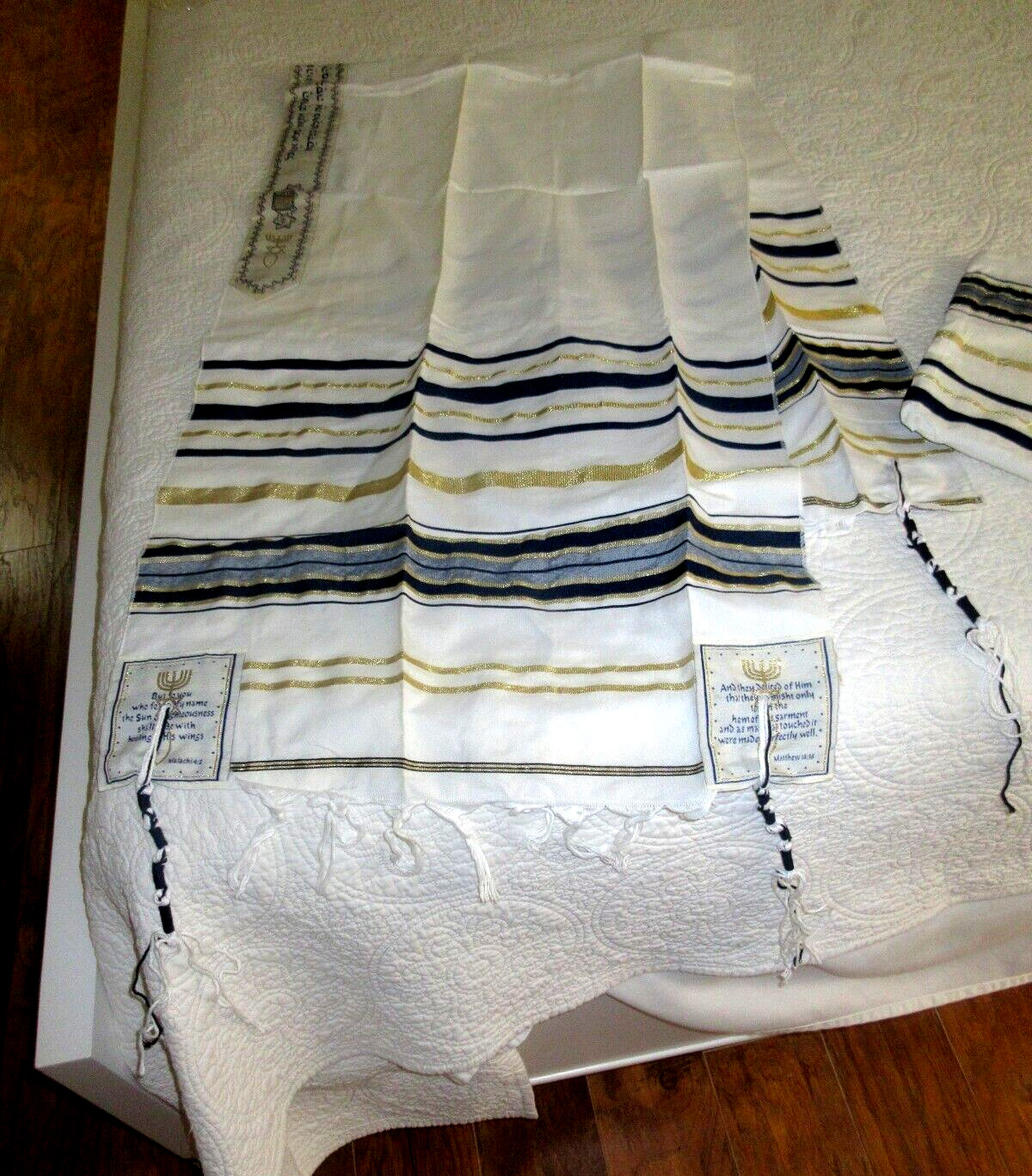 Womans Tallit White with Black,Gray & Gold Thread/Star/Candlestick New in Cello