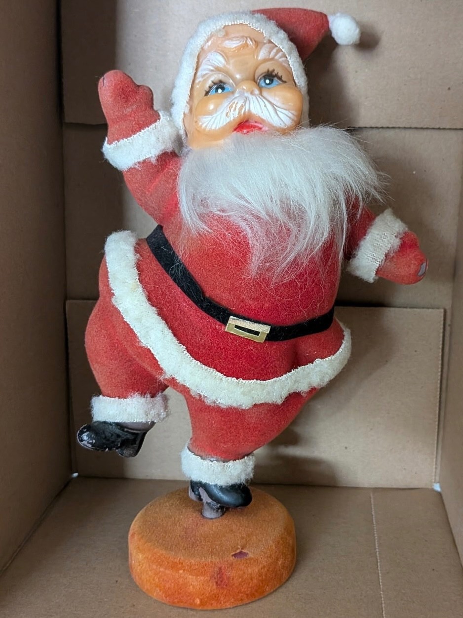 Vintage 1950s Flocked Happy Dancing Waving Santa Claus Plastic - 9-10” Tall