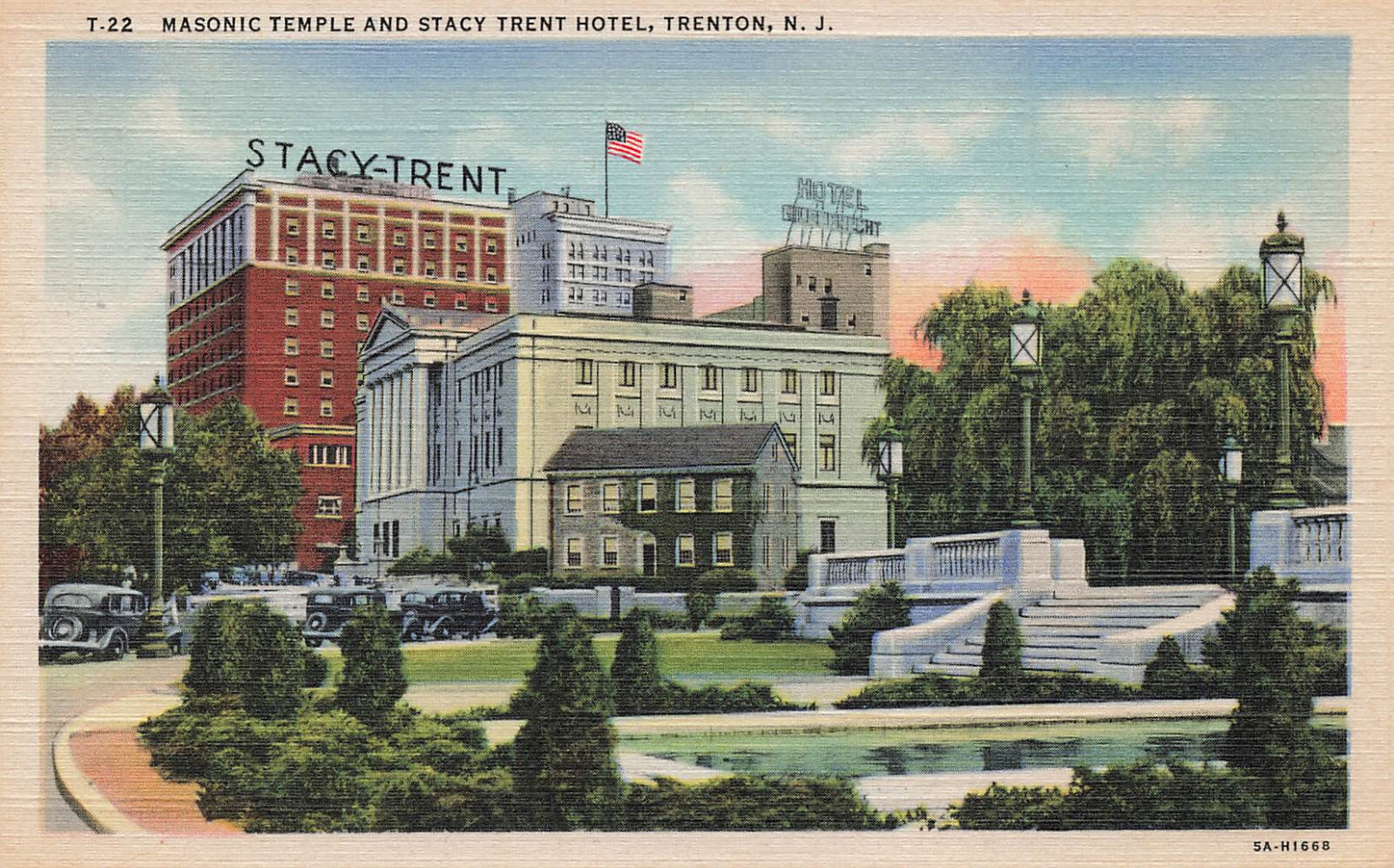 MASONIC TEMPLE AND STACY TRENT HOTEL POSTCARD TRENTON NJ NEW JERSEY 1935