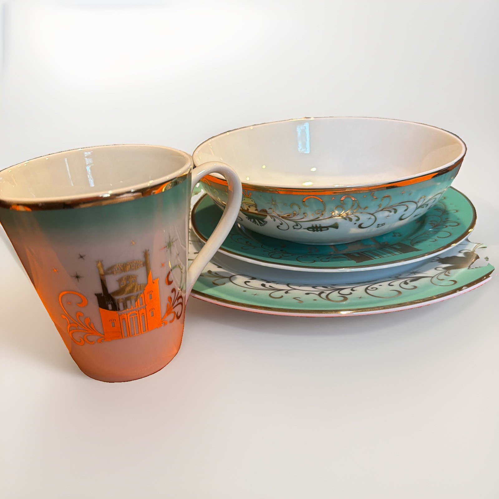 Disney Princess Tiana China Dinner Set Green Floral Porcelain Plates Bowl Mug