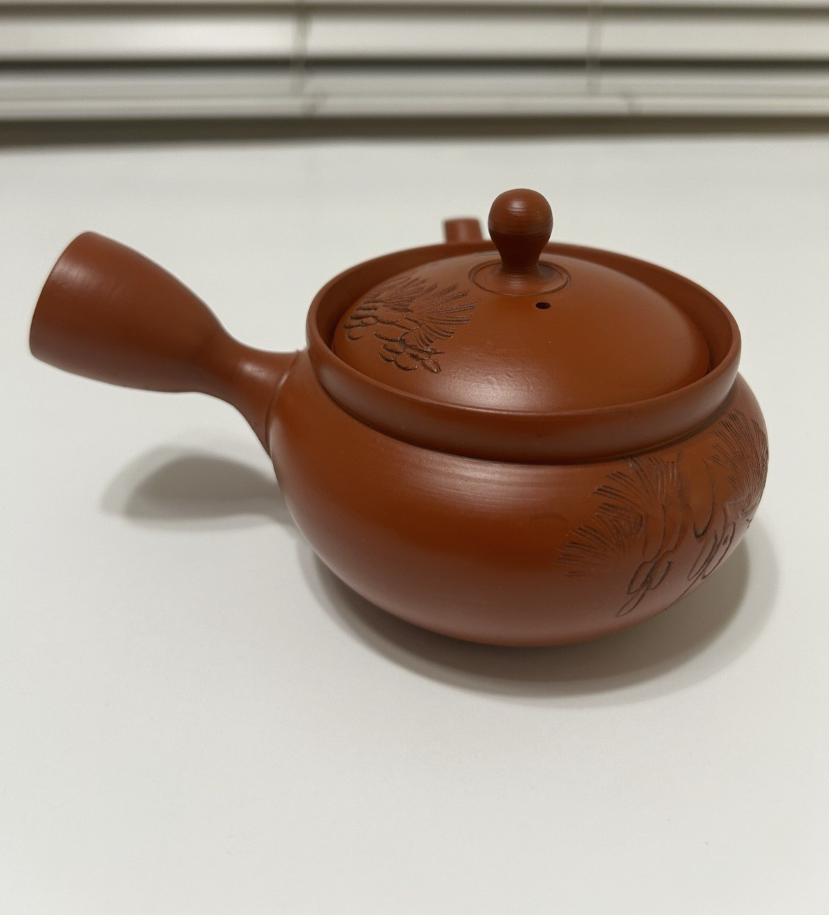Vintage Japanese Kyusu Teapot Unglazed Shudei Clay Stamped Yokode Pine Etched