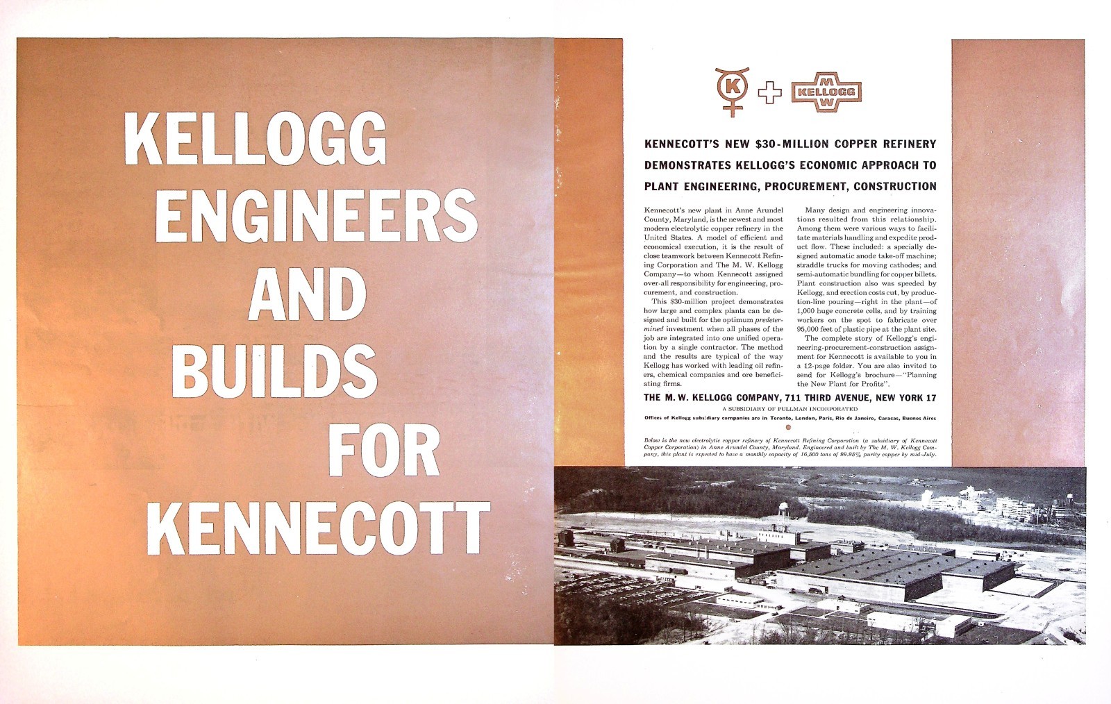 M W Kellogg Co Engineers Kennecott Copper Refinery Vtg 1960 Magazine Print Ad