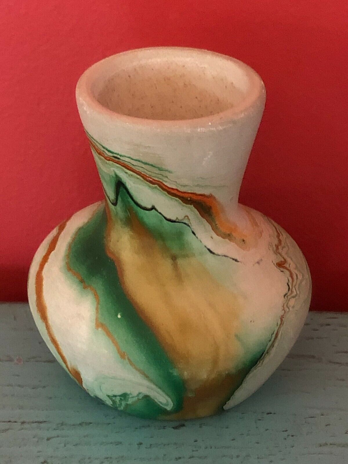 Vintage Pottery Ceramic Vase Nemadji Green Swirl 3.5 inch 