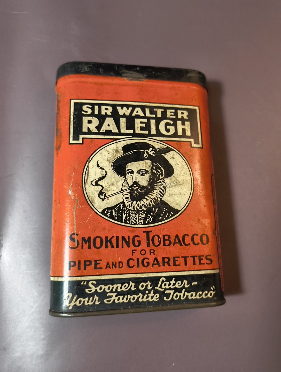 Vintage Sir Walter Raleigh Tobacco Metal Tin Orange Black