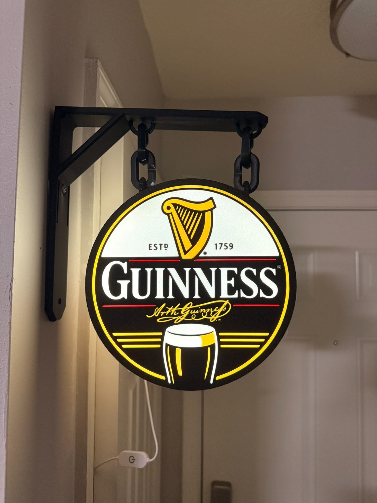 Guinness Style LED Hanging Pub Sign | Double-Sided Man Cave Wall Decor | Wired L
