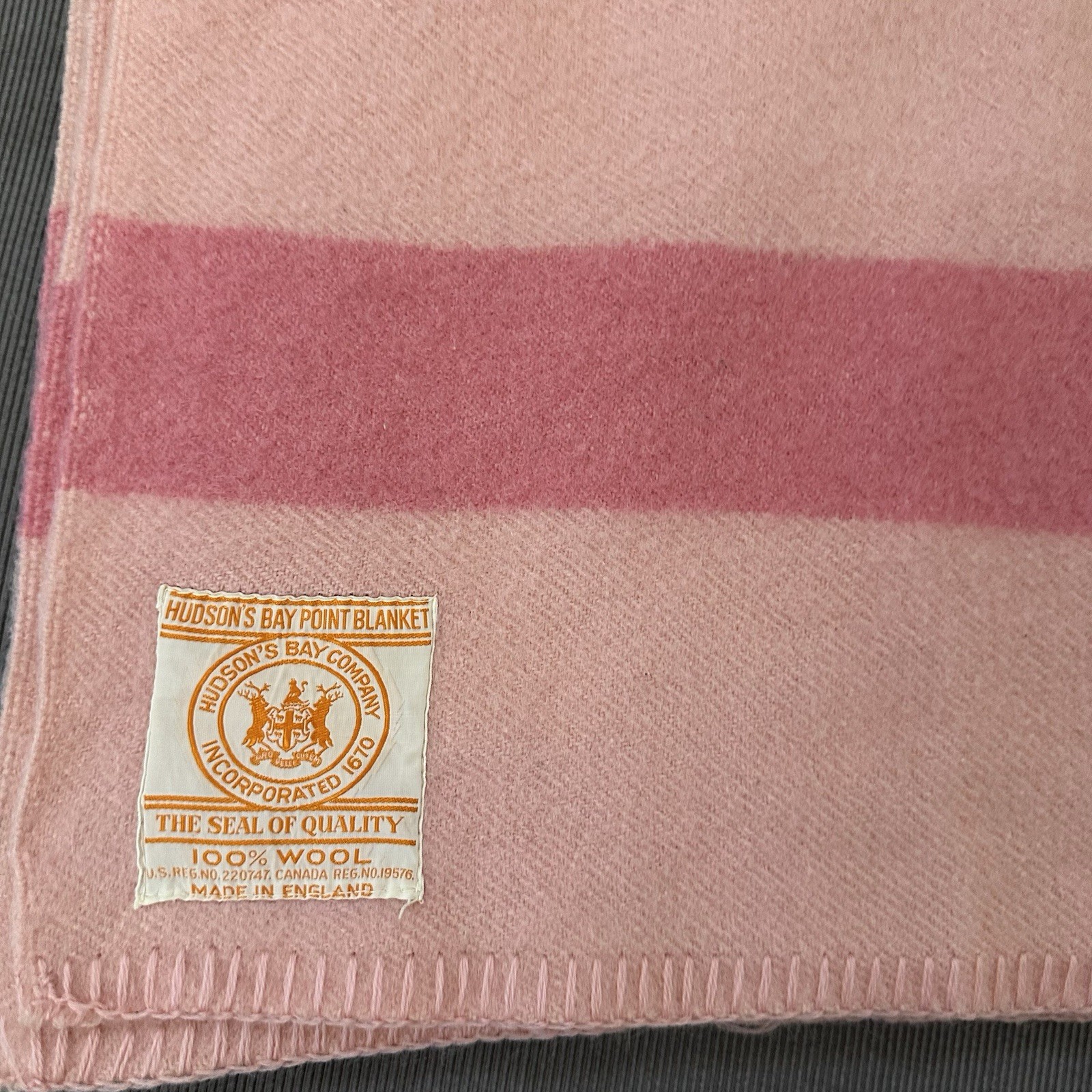 Vintage Hudson’s Bay 4 Point Harvest Pink Wool Blanket Great Britain 56x39 Vintage Hudson’s Bay 4 Point Harvest Pink Wool Blanket Great Britain 56x39