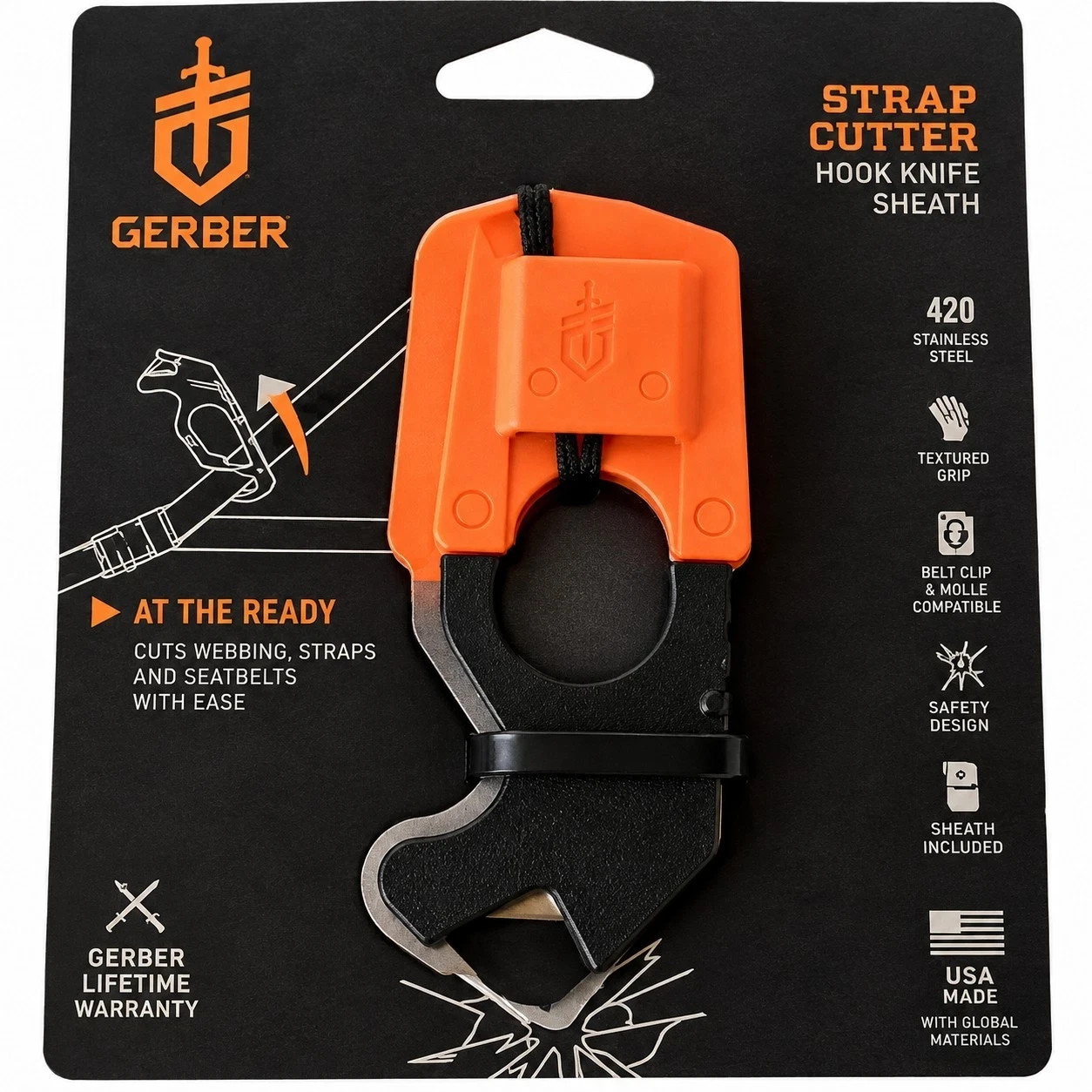 Gerber Strap Cutter Hook Knife w/ Sheath Black Orange Brand New