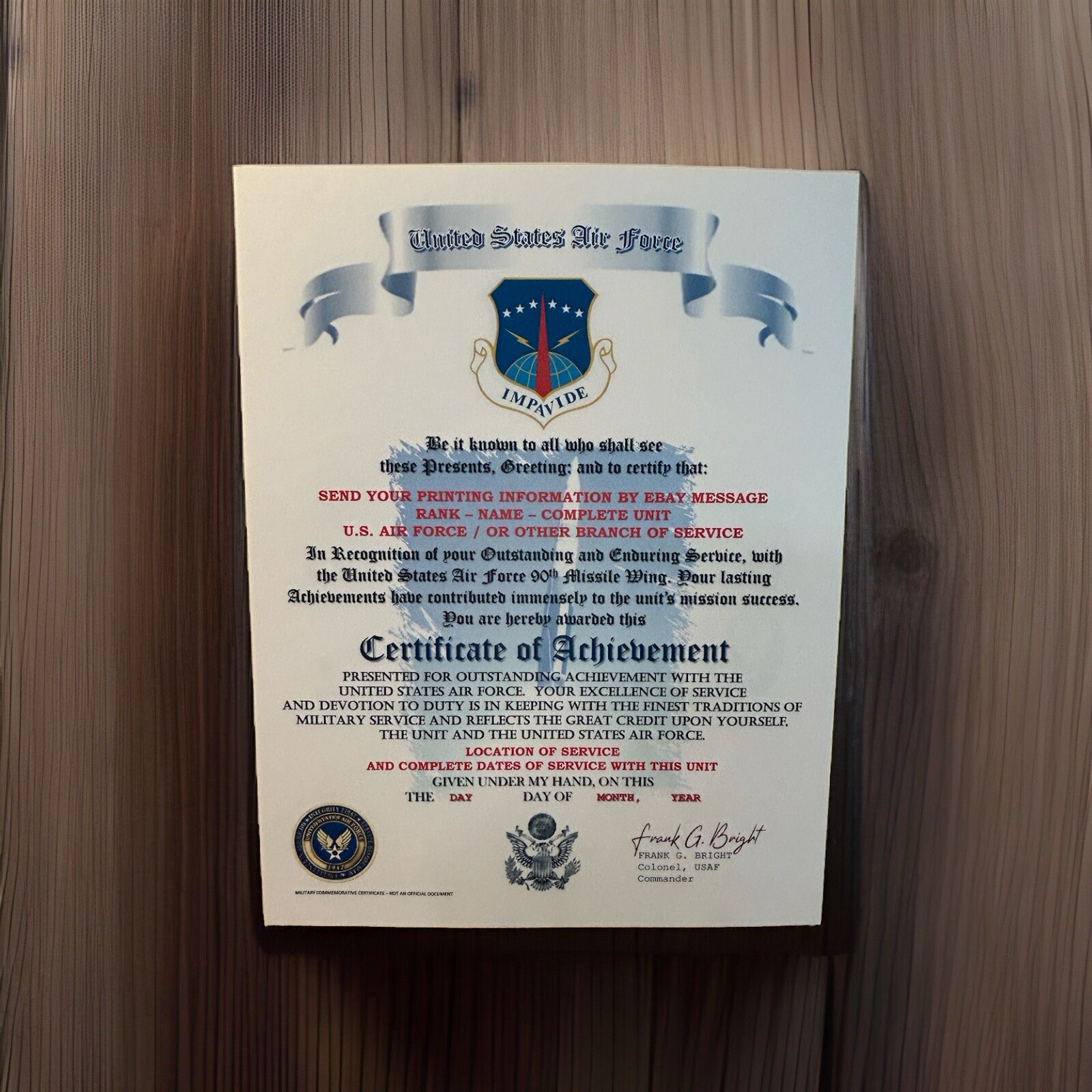 U.S.A.F. / AIR FORCE 90TH MISSILE WING - CERTIFICATE OF ACHIEVEMENT