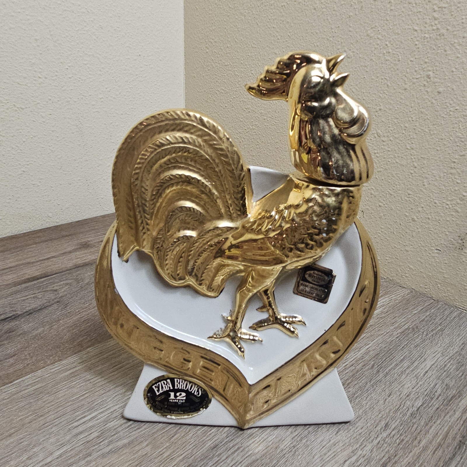 1970 Ezra Brooks Whiskey Bottle Golden Nugget Rooster 24k Decanter Heritage VINT