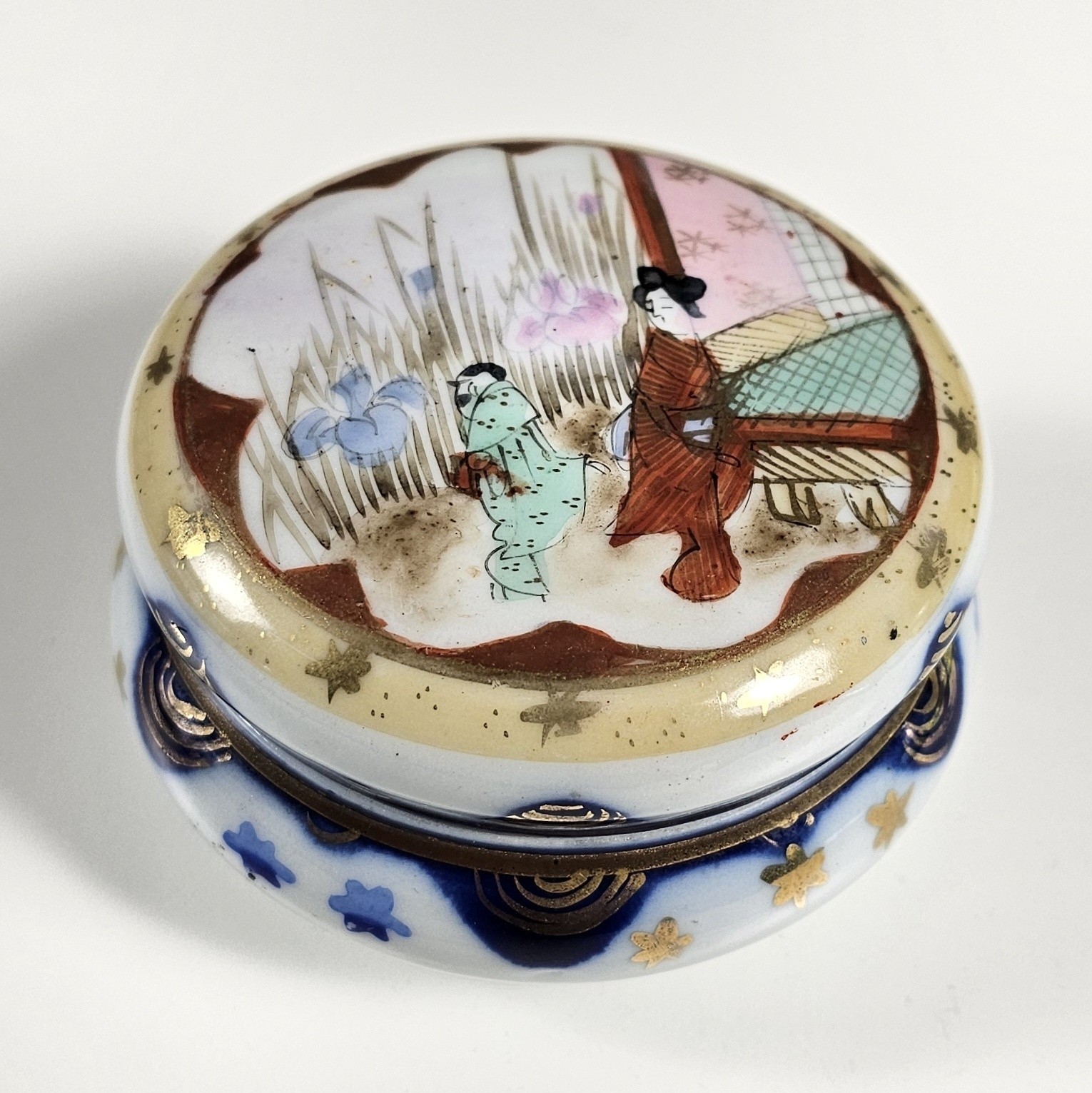 Antique Japanese Kutani Trinket Box Cobalt Blue Gold Stars Taisho Era c.1920s
