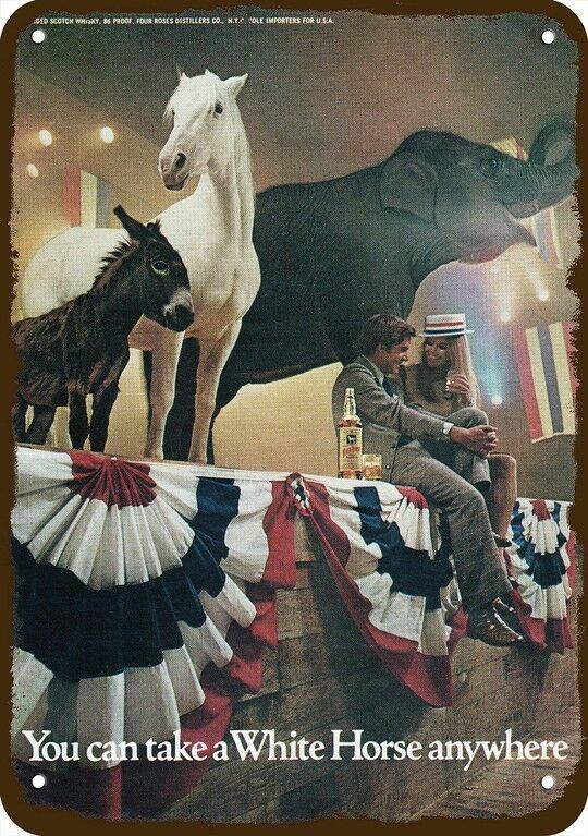 1972 WHITE HORSE Whisky Elephant & Donkey Vnt-Look DECORATIVE REPLICA METAL SIGN 1972 WHITE HORSE Whisky Elephant & Donkey Vnt-Look DECORATIVE REPLICA METAL SIGN
